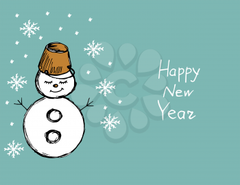 Snowman. It's snowing. Snowflakes. Winter illustration. Hand drawing. Doodle image. Happy New Year