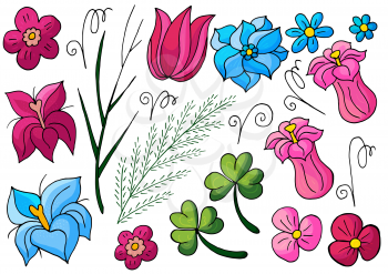 Collection of vector floral elements. Flowers and leaves in hand draw style. Elements for your design. Tulips and bells