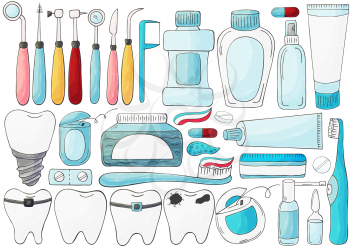 Collection of vector illustrations. Set of elements for the care of the oral cavity in hand draw style. Teeth cleaning, dental health, dental instruments