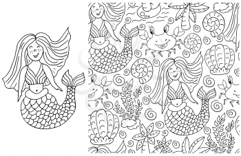 Contour Set of element and seamless pattern. ideal for children's clothing. Mermaid and background with seashells and sea elements