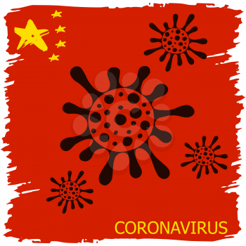 Coronavirus in China. Novel coronavirus (2019-nCoV), red background with stars and colors of Chinese flag. Concept of coronavirus quarantine. Coronavirus Bacteria Cell Icons, Coronavirus
