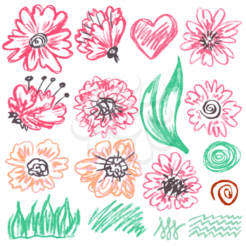 Cute childish drawing with wax crayons on a white background. Pastel chalk or pencil funny doodle style vector. Art elements, flowers, leaves, branches