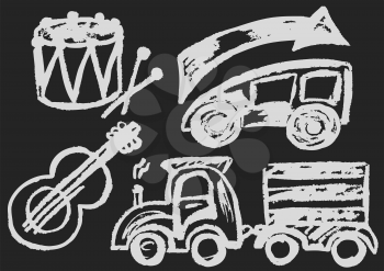 Cute childish drawing with white chalk on blackboard. Pastel chalk or pencil funny doodle style vector. Drum, guitar, race car, train