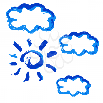Hand drawing paint, brush drawing. Isolated on a white background. Doodle grunge style icon. Decorative element. Outline, line icon, cartoon illustration. Clouds, sun icon