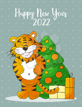 New year 2022. Symbol of 2022. New Year card in hand draw style. Christmas tree, gifts, tiger. Cartoon illustration for postcards, calendars
