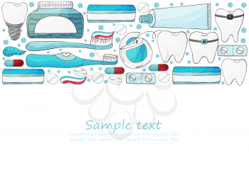 Rectangular flyer, banner. Set of elements for the care of the oral cavity in hand draw style. Teeth cleaning, dental health. Teeth, floss, brush, paste