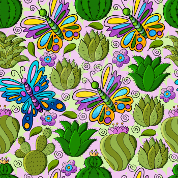 Seamless botanical illustration. Tropical pattern of different cacti, aloe, exotic animals. Colorful butterflies, flowers