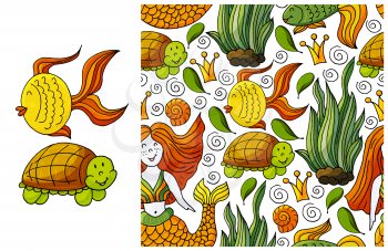 Set of element and seamless pattern. ideal for children's clothing. Fish, turtle and background with marine elements. Cute illustrations