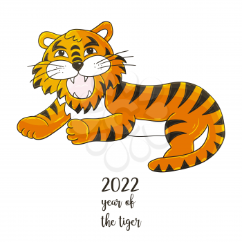 Symbol of 2022. Illustration with tiger in hand draw style. New Year 2022 Tiger lying. Cartoon animal for cards, calendars, posters, flyers