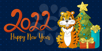 Symbol of 2022. Lettering 2022. Dark vector greeting card with a tiger in hand draw style. New Year. Cartoon illustration for cards, calendars