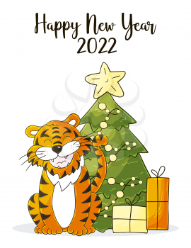 Symbol of 2022. New Year card in hand draw style. Christmas tree, gifts, tiger. New year 2022