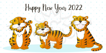 Symbol of 2022. New Year vector greeting card in hand draw style. New Year. Three tigers. Cartoon illustration for postcards, calendars, posters