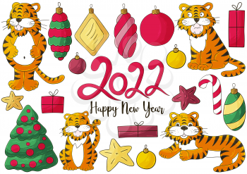 Symbol of 2022. Set of tigers and new year elements in hand draw style. Collection of vector illustrations