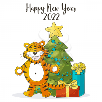 Symbol of 2022. Square New Year card in hand draw style. Christmas tree, gifts, tiger. Year of the tiger 2022. Cartoon illustration for cards, calendars, posters, flyers