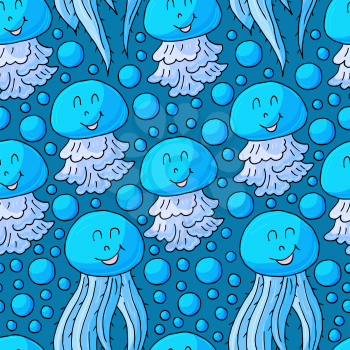 Vector illustration, ocean, underwater world, marine clipart. Summer style. Seamless pattern for cards, flyers, banners, fabrics. Jellyfish and drops of water on a blue background