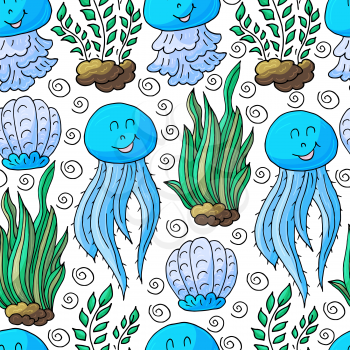 Vector illustration, ocean, underwater world, marine clipart. Summer style. Seamless pattern for cards, flyers, banners, fabrics. Jellyfish and seaweed on a white background