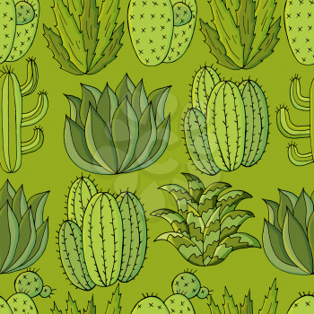 Vector seamless pattern of different cacti. Cute background from tropical plants. Exotic wallpaper in green colors. Trending image