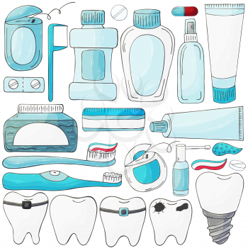 Vector set of design elements. Set of elements for the care of the oral cavity in hand draw style. Teeth cleaning, dental health. Teeth, floss, brush, paste, rinse