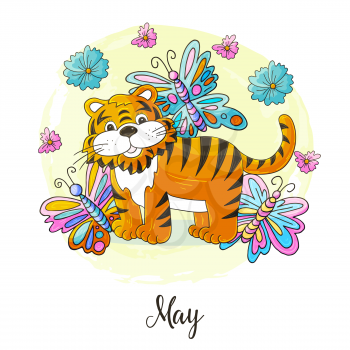 Year 2022 symbol for calendar decoration. May 2022. New Year of the Tiger according to the Chinese or Eastern calendar. Cute vector illustration in hand draw style