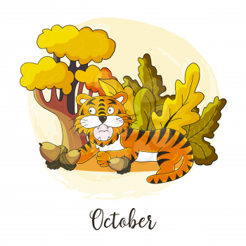 Year 2022 symbol for calendar decoration. October 2022. New Year of the Tiger according to the Chinese or Eastern calendar. Cute vector illustration in hand draw style