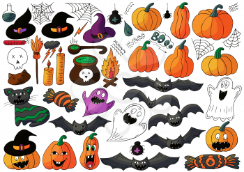Big set of Halloween design elements in hand draw style. Pumpkins, bats, ghosts, cobwebs. Halloween icons, cartoon style. Sign, sticker, pin