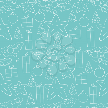 Blue Pattern in hand draw style. Seamless vector pattern with stars, Christmas tree decorations. Can be used for fabric, packaging, wrapping and etc