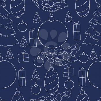Blue Seamless vector pattern with Christmas tree decorations, gifts. New Year. Can be used for fabric, packaging, wrapping paper, textile and etc