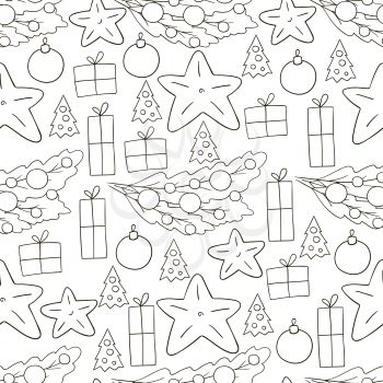 Coloring Pattern in hand draw style. Seamless vector pattern with stars, Christmas tree decorations. Can be used for fabric, packaging, wrapping and etc