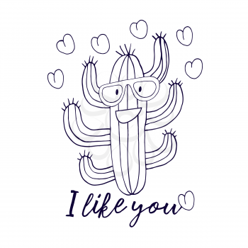 Coloring vector illustration. Cartoon image of a cactus. Stylish cactus with glasses. Hearts, love. I like you