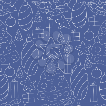 Pattern in hand draw style. Blue Seamless vector pattern with Christmas tree decorations, gifts. New Year's Holidays. Can be used for fabric, packaging and etc