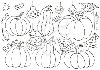 Pumpkin icons set in hand draw style. Collection of vector illustrations for Halloween design. Halloween elements, cartoon style. Sign, sticker, Coloring