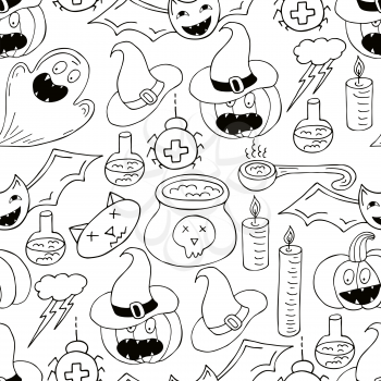 Seamless pattern for Halloween design. Vector illustration in hand draw style. Coloring print with cute pumpkins in witch hats and witch accessories