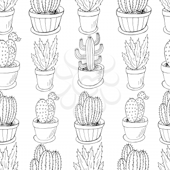 Seamless pattern of different cacti. Cute vector background of flowerpots. Tropical monochrome wallpaper. Trendy botanical illustration