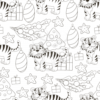 Seamless vector pattern for year of the tiger 2022. Coloring Pattern in hand draw style. Tiger, Christmas tree, gifts, Christmas decorations