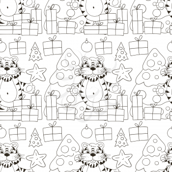 Seamless vector pattern for year of the tiger 2022. Pattern in hand draw style. Tiger, Christmas, gifts. Can be used for Coloring