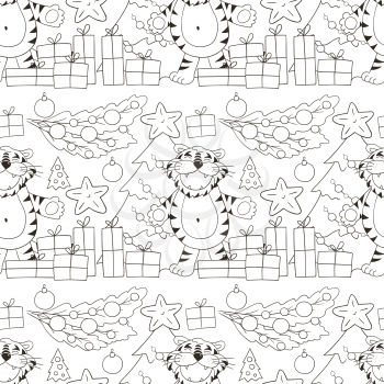 Seamless vector pattern for year of the tiger 2022. Pattern. Tiger, Christmas tree, gifts, Christmas decorations. Can be used for Coloring and etc