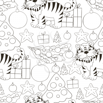 Seamless vector pattern for year of the tiger 2022. Tiger, Christmas tree, gifts, Christmas tree decorations. Can be used for fabric, Coloring and etc