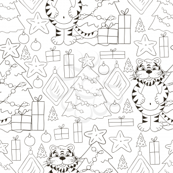 Seamless vector pattern for year of the tiger 2022. Tiger, Christmas tree, gifts, Christmas tree decorations. Can be used for fabric, Coloring, paper