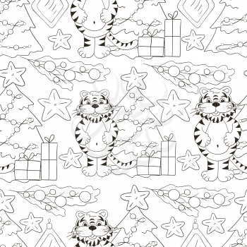 Seamless vector pattern for year of the tiger 2022. Tiger, Christmas tree, gifts, Christmas tree decorations. Can be used for fabric, Coloring, paper and etc