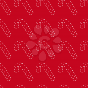 Seamless vector pattern with candy cane. Pattern in hand draw style. Red background. Can be used for fabric, packaging, wrapping paper, textile and etc