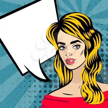 Beautiful blonde girl with open mouth in style pop art speak. Comic book halftone background. Retro texture backdrop. Vector vintage dot back. Empty blank speech bubble. Comic text balloon box.