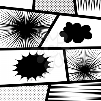 Comic strip and comic speech bubbles. Monochrome halftone background vector illustration. Pop art comic balloon template. Collection sunbeam dot backgrounds.