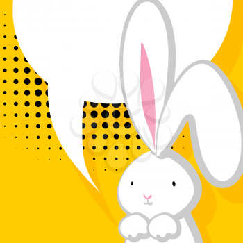 Vector festive hand drawn illustration. Comic bubble, empty balloon. Yellow halftone background. White cute rabbit with big ears pink nose, congratulates Easter, Birthday or other holiday.