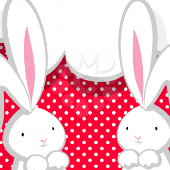 Two white cute rabbit with big ears pink nose, congratulates Easter, Birthday or other holiday. Pink halftone background. Vector festive hand drawn illustration. Comic bubble, empty balloon.