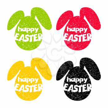 Creative grunge greeting, lettering Happy Easter. Stylish egg and funny rabbit with long ears. Logo bunny for party template. Colored vector label tag illustration.