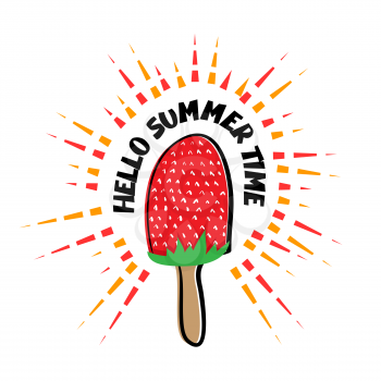Abstract vector illustration Hello summer. Strawberry pink ice cream on a stick in style Doodle. Juicy summer banner. Greeting summer simple comic picture.