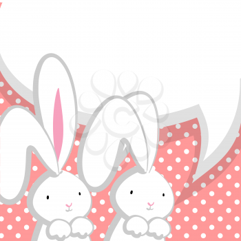 Vector festive hand drawn illustration. Comic bubble, empty balloon. Two white cute rabbit with big ears pink nose, congratulates Easter, Birthday or other holiday. Pink halftone background.