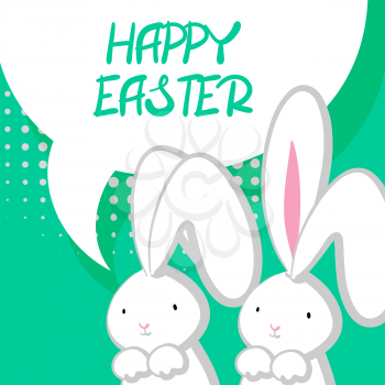 Vector festive hand drawn illustration. Comic bubble, empty balloon. Aquamarine halftone background. White cute rabbit with big ears pink nose, congratulates Happy Easter.