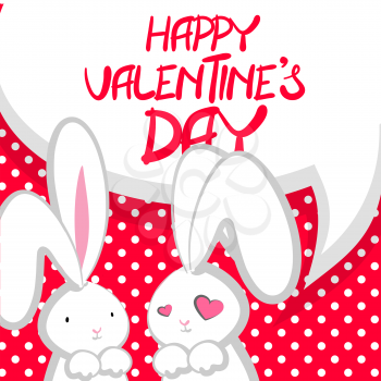 Vector festive hand drawn illustration. Comic bubble, empty balloon. Two fall in love white cute rabbit with big ears pink nose, congratulates Happy Valentines Day. Pink halftone background.