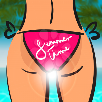 Blured bokeh background. Summer Time lettering poster card. Slim sexy comic woman bathing suit pink panties from back looking sea. Vector illustration palm leaf, sea coast.